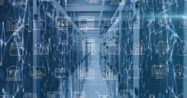 Sunucu odasında iş simgelerinin canlandırılması. küresel iş, finans ve dijital arayüz kavramı dijital olarak oluşturulmuş video.