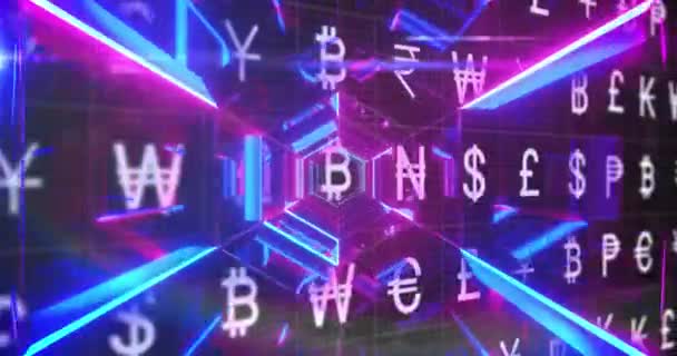 Animation Currency Symbols Neon Tunnel Global Business Finances Digital Interface — Stock Video