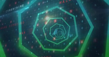 Siyah arkaplanda veri işleme üzerinde neon şekilli tünel animasyonu. küresel teknoloji, sosyal medya ve dijital arayüz konsepti dijital olarak oluşturulmuş video.