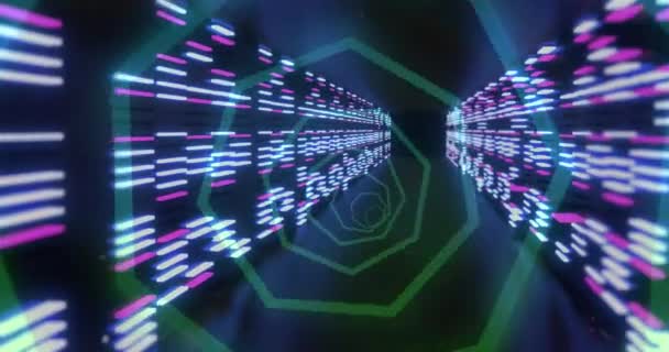Animation Eines Tunnels Mit Neonfarbenen Formen Über Beweglichen Säulen Auf — Stockvideo