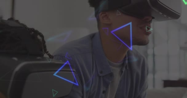 Animation Neon Shapes African American Man His Son Using Headset — Stock videók