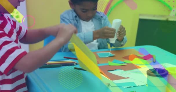 Animation Colorful Shapes Diverse Schoolchildren Art Classes Children Art Week — Vídeos de Stock