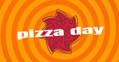 Turuncu arka planda pizza ikonları üzerinde pizza günü animasyonu. kutlama ve dijital arayüz konsepti dijital olarak oluşturulmuş video.