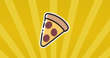 Sarı arka planda çizgili pizza ikonlarının animasyonu. kutlama ve dijital arayüz konsepti dijital olarak oluşturulmuş video.