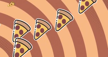 Sarı arka planda çizgili pizza ikonlarının animasyonu. kutlama ve dijital arayüz konsepti dijital olarak oluşturulmuş video.