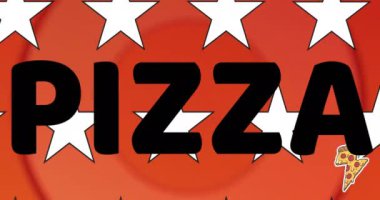 Kırmızı zemin üzerinde beyaz yıldızlar üzerinde pizza ikonları ve pizza günü metinleri. kutlama ve dijital arayüz konsepti dijital olarak oluşturulmuş video.