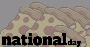 Ulusal pizza günü metinlerinin ve pizza ikonlarının gri arka planda canlandırılması. kutlama ve dijital arayüz konsepti dijital olarak oluşturulmuş video.