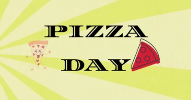 Pizza günü mesajları ve pizza ikonlarının sarı arka planda çizgiler üzerinde canlandırılması. kutlama ve dijital arayüz konsepti dijital olarak oluşturulmuş video.