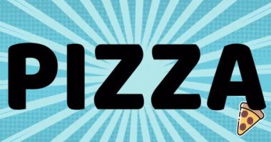 Pizza günü animasyonu ve mavi arka planda çizgili pizza ikonları. kutlama ve dijital arayüz konsepti dijital olarak oluşturulmuş video.