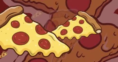 Kırmızı arka planda pizza ikonlarının canlandırılması. kutlama ve dijital arayüz konsepti dijital olarak oluşturulmuş video.