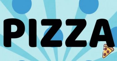 Pizza günü mesajları ve pizza ikonlarının mavi arka planda çizgiler üzerinde canlandırılması. kutlama ve dijital arayüz konsepti dijital olarak oluşturulmuş video.