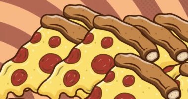 Sarı arka planda şeritlerin üzerinde pizza ikonlarının canlandırılması. kutlama ve dijital arayüz konsepti dijital olarak oluşturulmuş video.