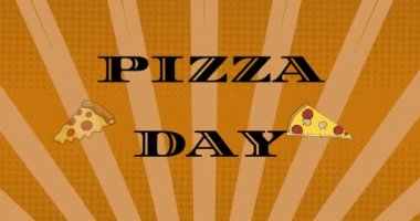 Pizza günü mesajları ve pizza ikonlarının turuncu arka planda çizgiler üzerinde canlandırılması. kutlama ve dijital arayüz konsepti dijital olarak oluşturulmuş video.