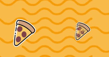 Sarı arka plandaki dalgaların üzerinde pizza ikonlarının canlandırılması. kutlama ve dijital arayüz konsepti dijital olarak oluşturulmuş video.