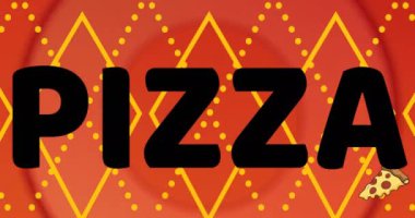 Pizza günü mesajları ve pizza ikonlarının sarı arkaplandaki şekiller üzerinde canlandırması. kutlama ve dijital arayüz konsepti dijital olarak oluşturulmuş video.