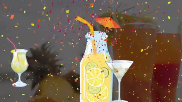 在饮料中加入意粉和饮料图标的动画 庆祝和数字界面概念数字生成视频 — 图库视频影像