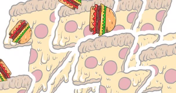 Animation Hamburger Pizza Icons White Background Celebration Digital Interface Concept — Stock videók