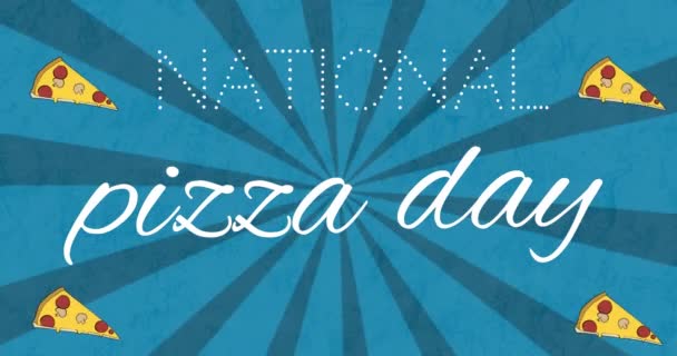 Animation National Pizza Day Text Pizza Icons Blue Background Celebration — Stockvideo