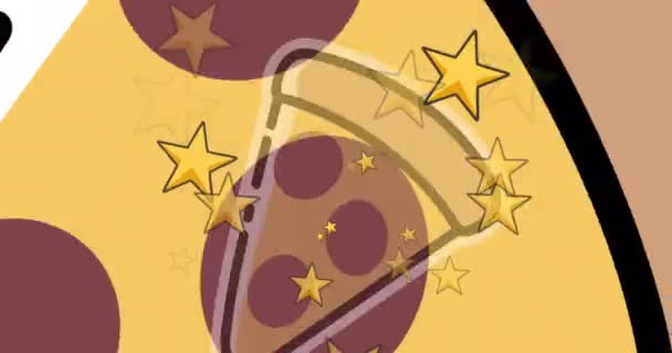 Анимация Икон Пиццы Над Звездами Сером Фоне Празднование Цифровой Интерфейс — стоковое видео