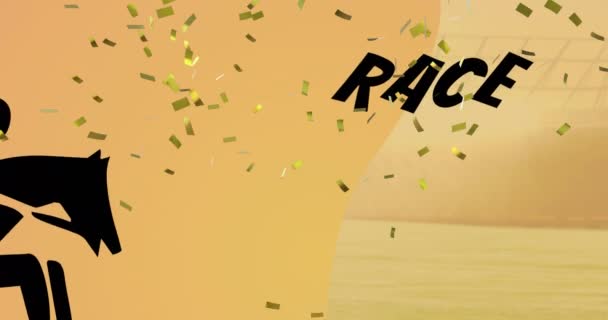Animation Horse Rider Icon Race Text Confetti Orange Background Preakness — Vídeo de stock