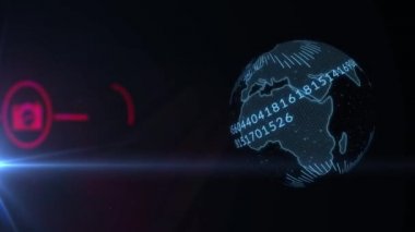 Animation of camera and bub icons over black background with globe. photography, optics and hobby concept digitally generated video.