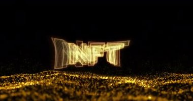 Siyah arkaplan üzerinde sarı simli Nft animasyonu. dijital kaynaklar ve teknoloji konsepti dijital olarak oluşturulmuş video.