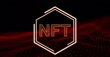 Animation of nft in hexagon over black background with red glitter. digital resources and technology concept digitally generated video.