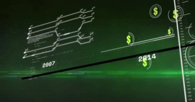 Yeşil arka plandaki veri işleme üzerinde daireler şeklinde dolarların animasyonu. dijital para, kripto para ve teknoloji konsepti dijital olarak oluşturulmuş video.