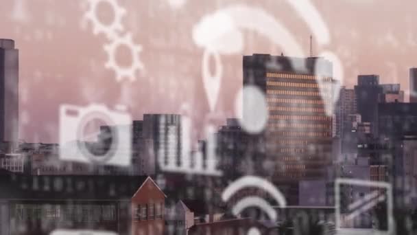 Animation Technology Icons Floating Cityscape Global Connections Technology Concept Digitally — Vídeo de stock