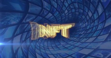 Mavi dijital ekranlardan oluşan tünel üzerinde Nft animasyonu. dijital kaynaklar ve teknoloji konsepti dijital olarak oluşturulmuş video.