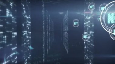 Sunucuların üzerinde daireler çizerek Nft 'in animasyonu. dijital kaynaklar ve teknoloji konsepti dijital olarak oluşturulmuş video.