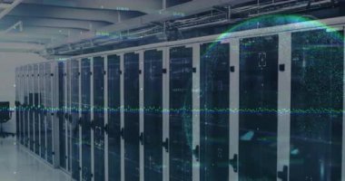 Animation of data processing and globe over servers. digital resources and technology concept digitally generated video.