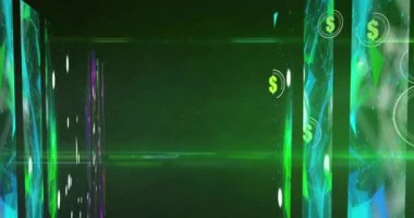 Dolarların yeşil arka plandaki şekillerin üzerinde daireler çizerek canlandırılması. dijital para, kripto para ve teknoloji konsepti dijital olarak oluşturulmuş video.