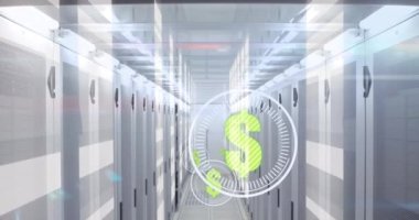 Sunucular üzerinde daireler çizerek doların animasyonu. dijital para, kripto para ve teknoloji konsepti dijital olarak oluşturulmuş video.