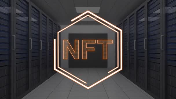 Animation Von Nft Sechseck Über Servern Digitale Ressourcen Und Technologiekonzept — Stockvideo