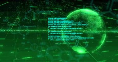 Yeşil arka planda veri işleme ve küre animasyonu. veri işleme ve teknoloji konsepti dijital olarak oluşturulmuş video.