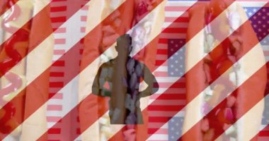 Animation of white and red stripes and human silhouette over hot dogs. presidents day, independence day and american patriotism concept digitally generated video.