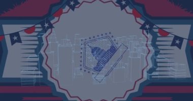 Animation of cotillion and usa flags over capitol and metaverse city. presidents day, independence day and american patriotism concept digitally generated video.