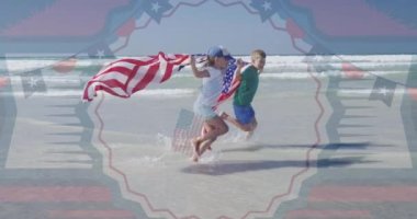 Animation of cotillion and usa flags over happy caucasian girl and boy running on beach. presidents day, independence day and american patriotism concept digitally generated video.