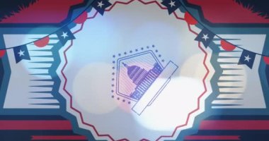 Animation of cotillion and usa flags over capitol and bokeh. presidents day, independence day and american patriotism concept digitally generated video.