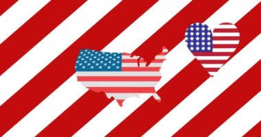 Kırmızı ve beyaz çizgili arka planda Amerikan bayrakları olan Amerika haritasının ve kalbinin animasyonu. Başkanlık Günü, bağımsızlık günü ve dijital olarak üretilen Amerikan vatanseverliği konsepti.