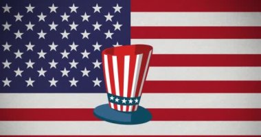 Arka planda Amerikan bayrağı üzerinde Amerikan bayrağıyla şapka animasyonu. Başkanlık Günü, bağımsızlık günü ve dijital olarak üretilen Amerikan vatanseverliği konsepti.