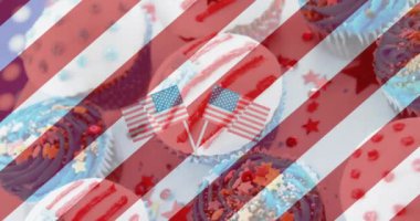 Amerikan bayrakları ve beyaz ve kırmızı çizgili kapkeklerin animasyonu. Başkanlık Günü, bağımsızlık günü ve dijital olarak üretilen Amerikan vatanseverliği konsepti.