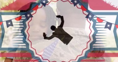 Animation of cotillion, flags and human silhouette over african american father and daughter. presidents day, independence day and american patriotism concept digitally generated video.