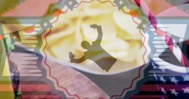 Animation of cotillion, flags and human silhouette over hamburgers. presidents day, independence day and american patriotism concept digitally generated video.