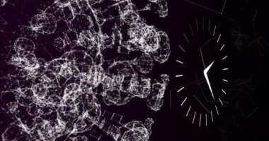 Siyah arka plandaki bağlantıların üzerinde hareket eden saatin animasyonu. Zaman geçiyor ve bağlantılar konsepti dijital video.