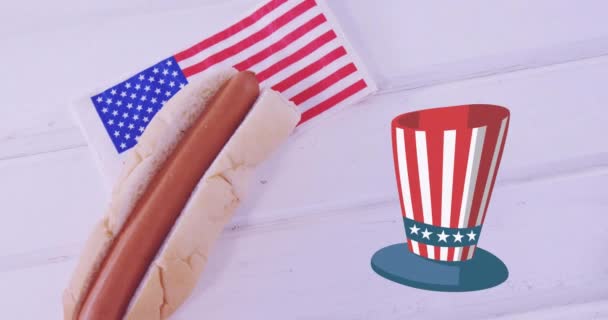 Animación Hot Dog Sombrero Colores Bandera Sobre Superficie Blanca Día — Vídeos de Stock