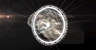 Siyah arka planda beynin üzerinde hareket eden saatin animasyonu. Zaman geçiyor, bilim ve bağlantılar konsepti dijital video.