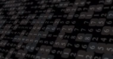 Hareketli siyah, gri ve mavi noktalar üzerinde rakamlar olan dokunun animasyonu. şekil, şablon, arkaplan ve hareket kavramı dijital olarak oluşturulmuş video.