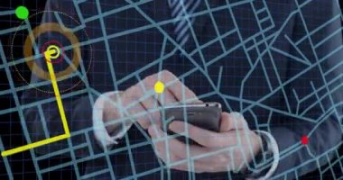Akıllı telefon kullanarak işadamının orta kesimine karşı navigasyon haritası şeması. gps ve navigasyon kavramı